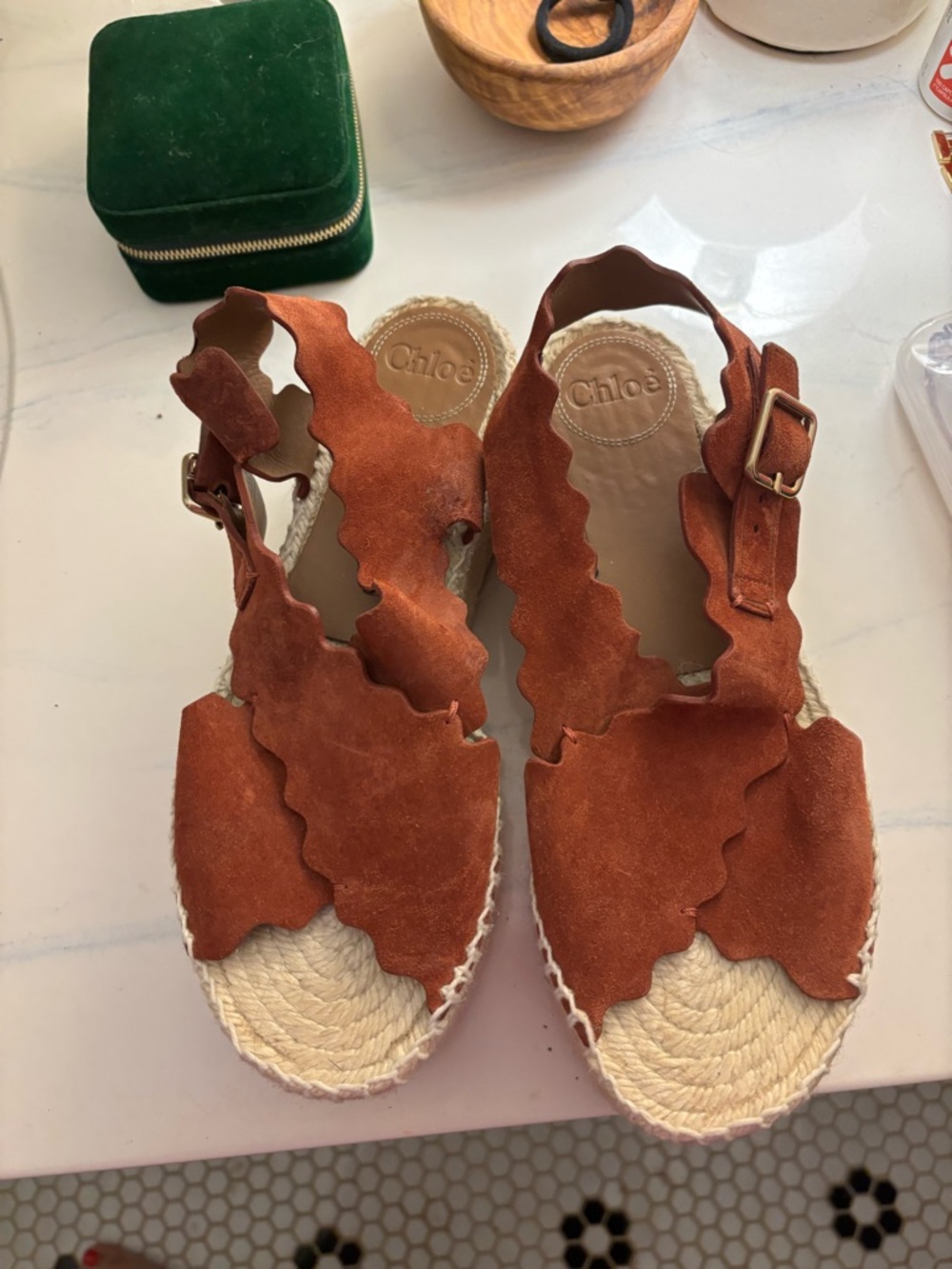 Chloé Lauren Rust Scalloped Suede Espadrille Sandals